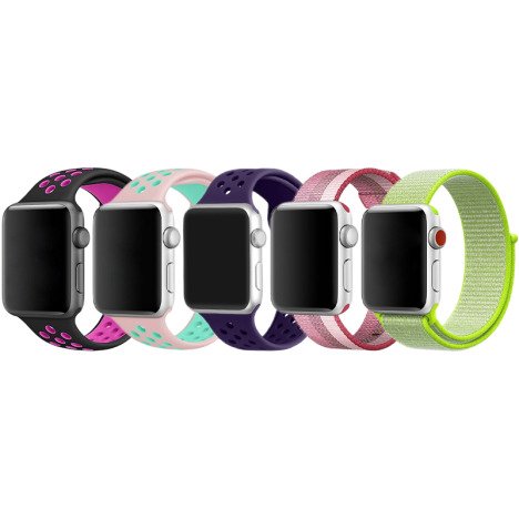 Set 5 Curele iUni compatibile cu Apple Watch 1/2/3/4/5/6/7, 44mm, Negru/Roz, Roz/Albastru, Mov, Roz,